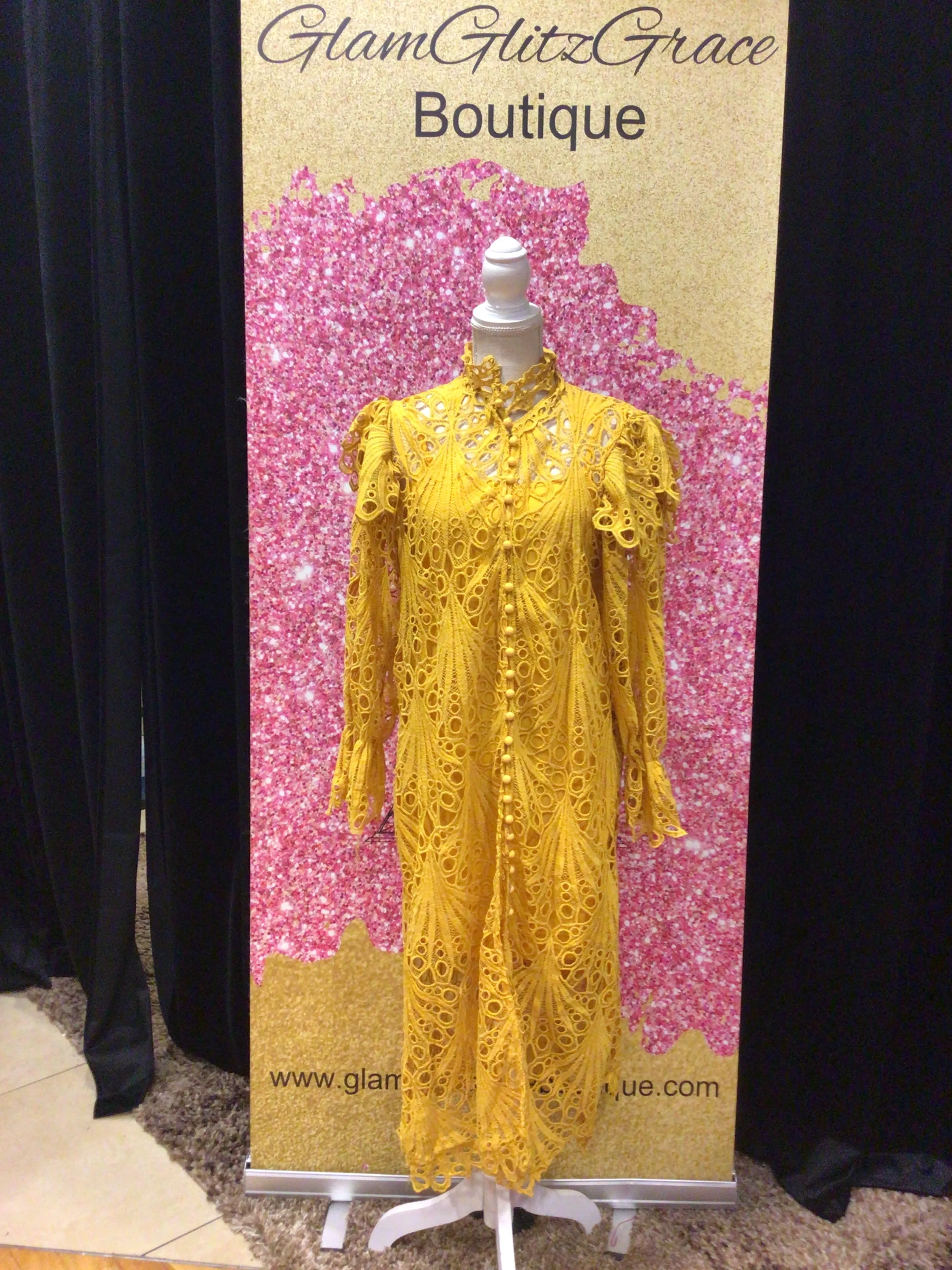 Mesh Long Sleeves Button Up Patterned High Neck Dress