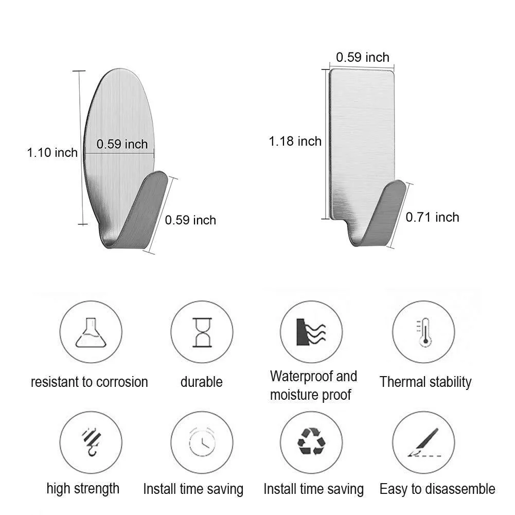 MOKARO Towel Adhesive Hooks Stainless Steel, Damage-Free Hanging Hooks Mini, 18-Hooks, Rectangle