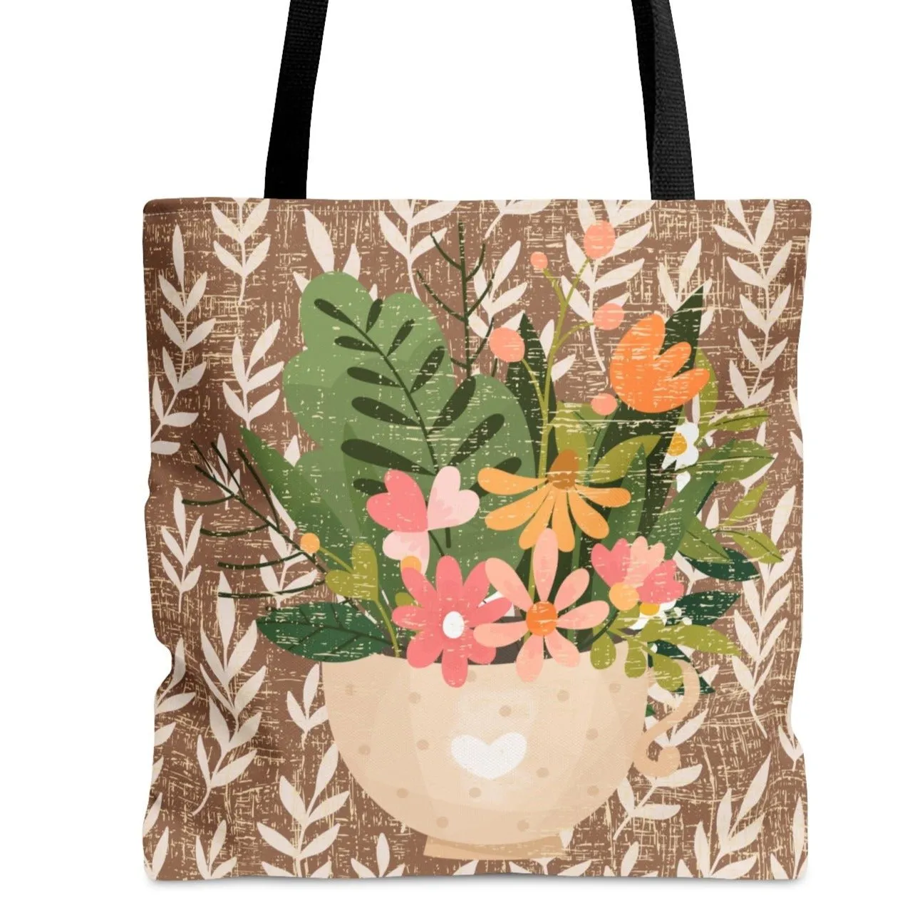 Mug with Spring Bouquet on Tan Fern Pattern Large Tote Bag - Fresh Floral-Inspired Accessory