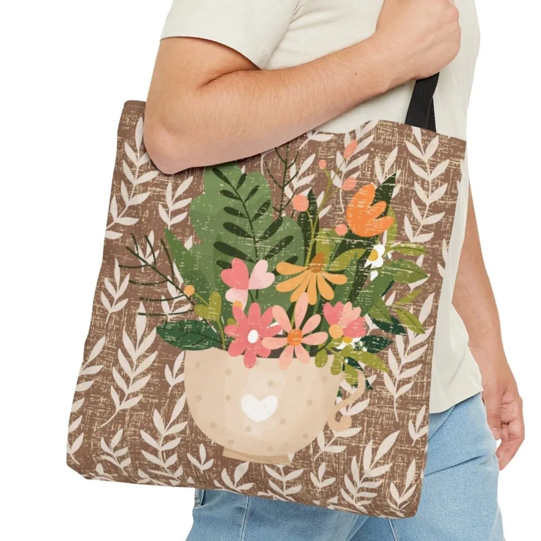 Mug with Spring Bouquet on Tan Fern Pattern Large Tote Bag - Fresh Floral-Inspired Accessory