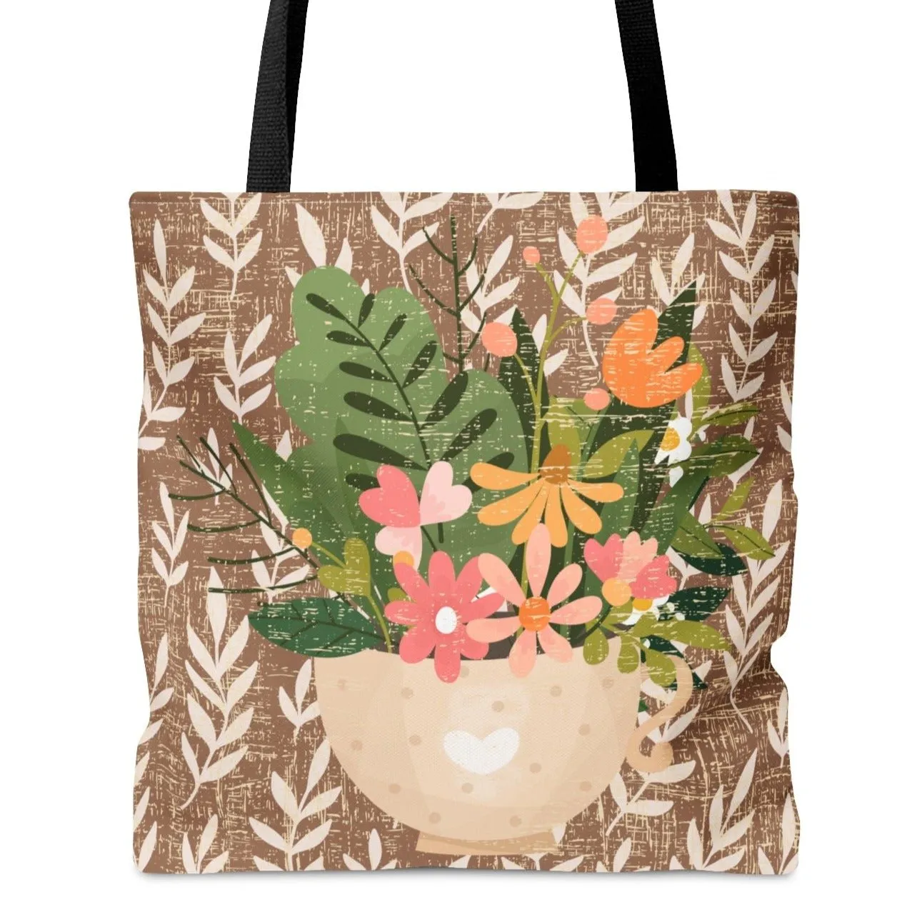 Mug with Spring Bouquet on Tan Fern Pattern Large Tote Bag - Fresh Floral-Inspired Accessory