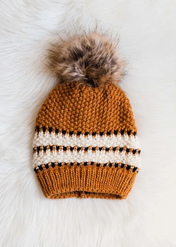 Mustard, Cream & Black Patterned Pom Hat
