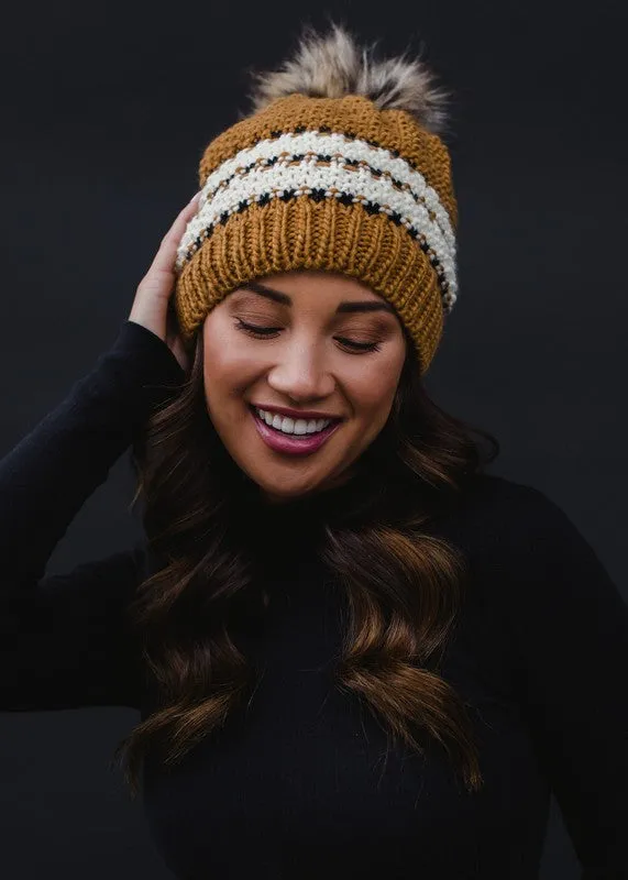 Mustard, Cream & Black Patterned Pom Hat