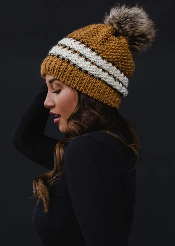Mustard, Cream & Black Patterned Pom Hat