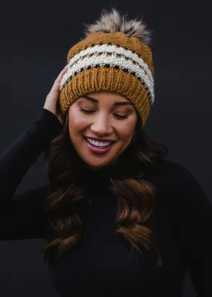 Mustard, Cream & Black Patterned Pom Hat