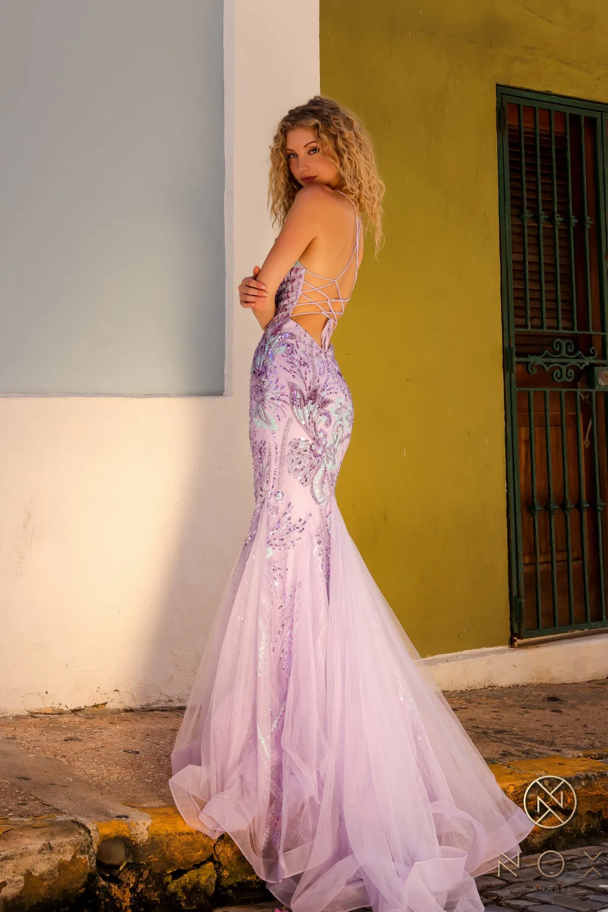 N C1416 - Iridescent Sequin Patterned Fit & Flare Prom Gown With Open Lace Up Corset Back