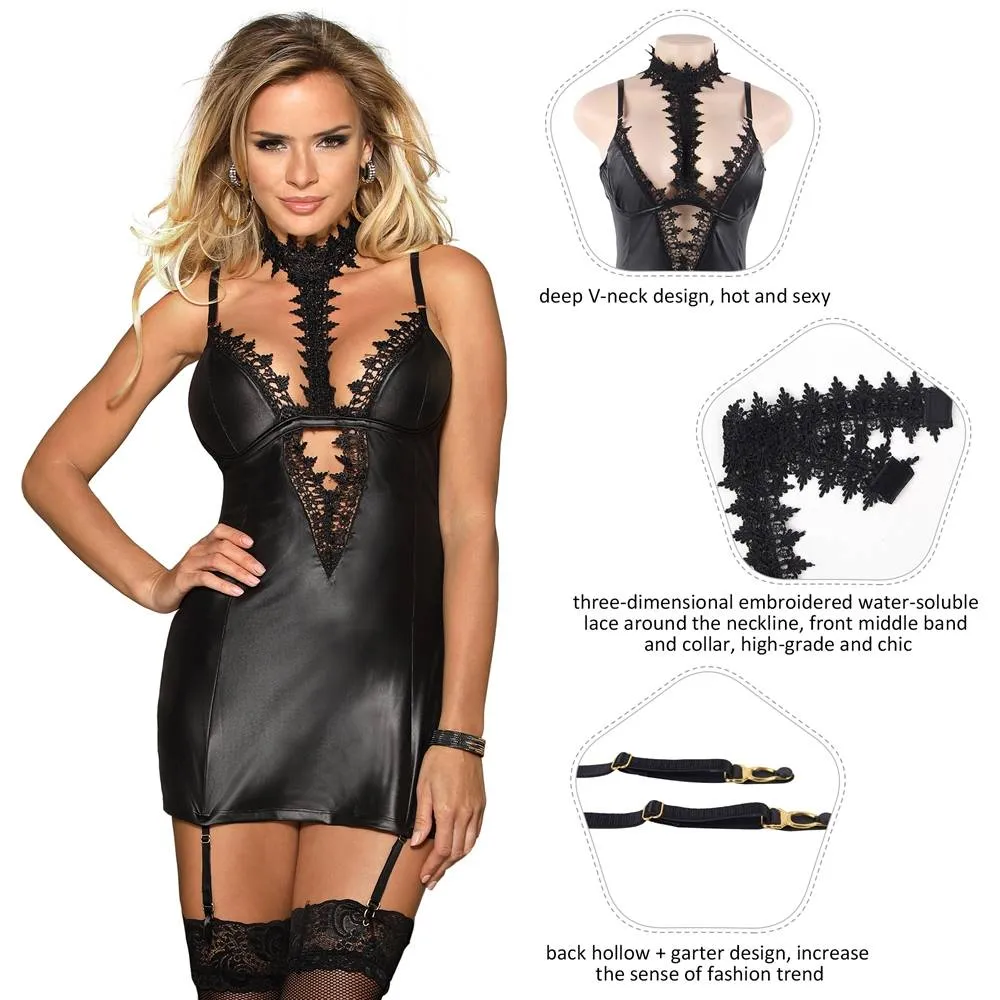 New Leather Exquisite Lace Choker Neck Chemise