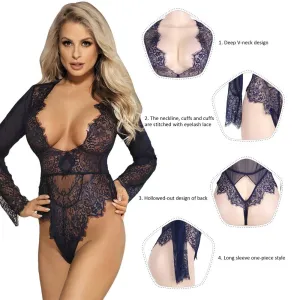 New Plus Size Rose Red Exquisite Lace Sleeve Teddy