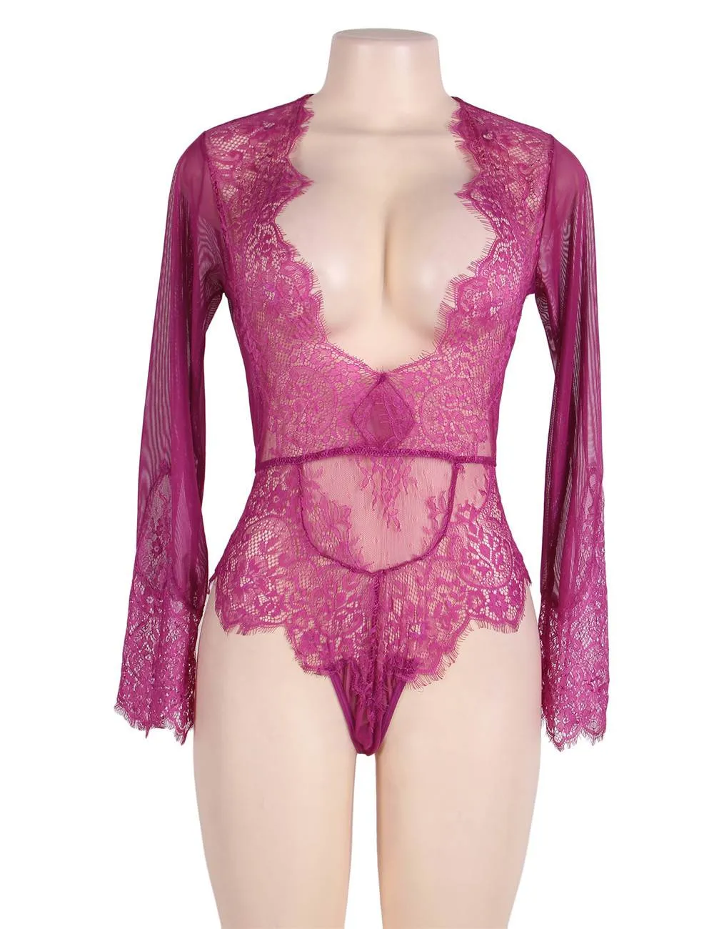 New Plus Size Rose Red Exquisite Lace Sleeve Teddy