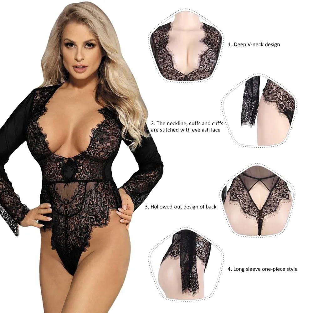 New Plus Size Rose Red Exquisite Lace Sleeve Teddy
