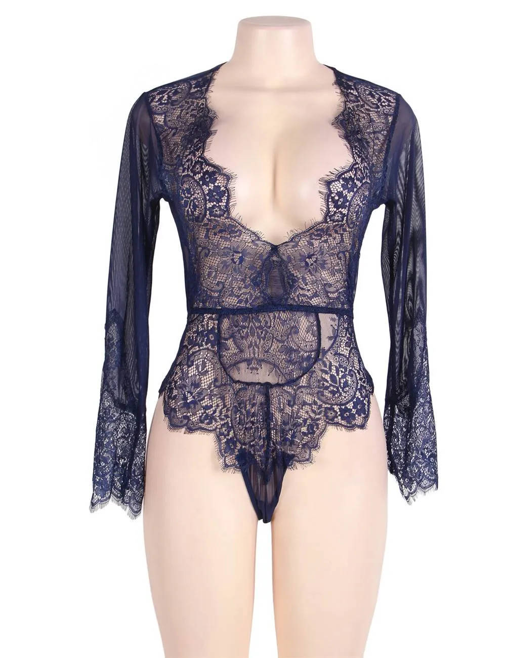 New Plus Size Rose Red Exquisite Lace Sleeve Teddy