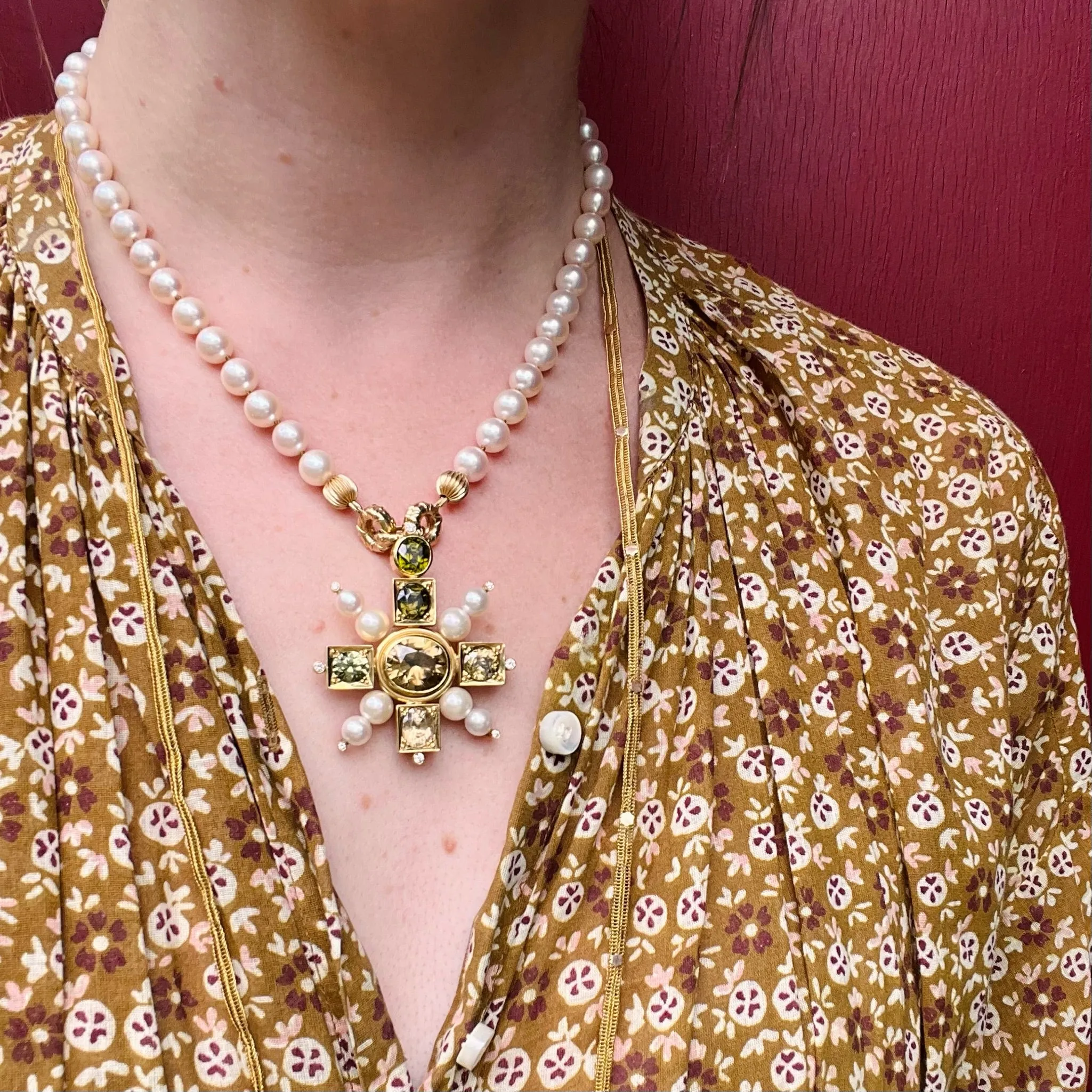 Opulent 18K Gold Cross with Zircons Pearls & Diamonds