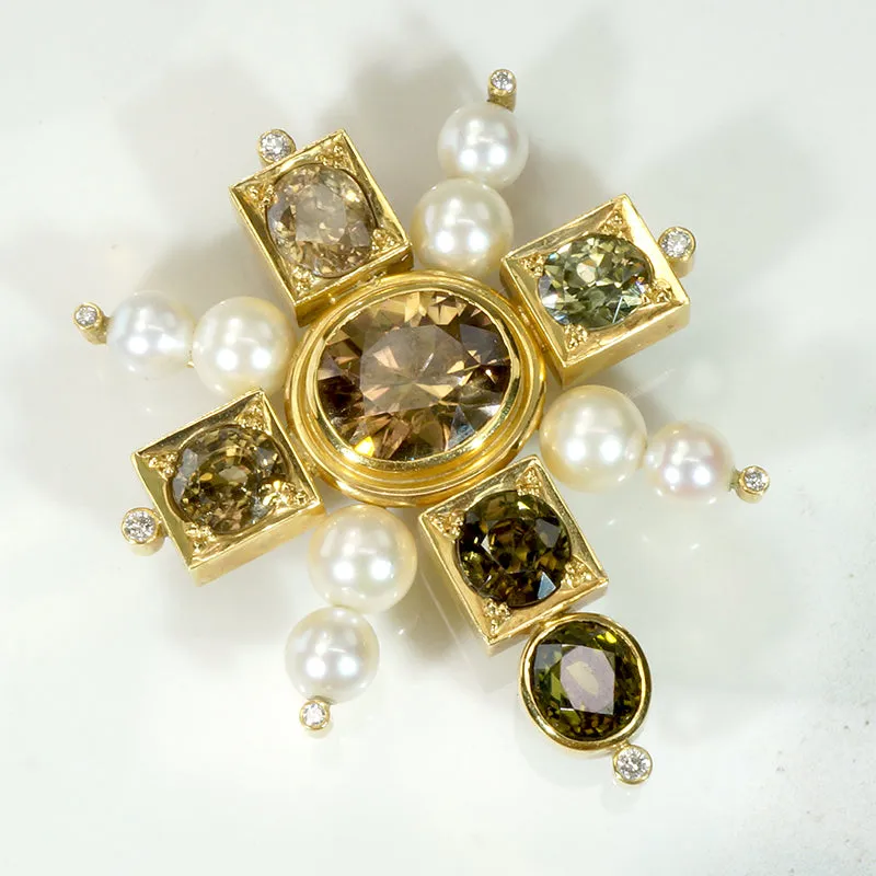 Opulent 18K Gold Cross with Zircons Pearls & Diamonds