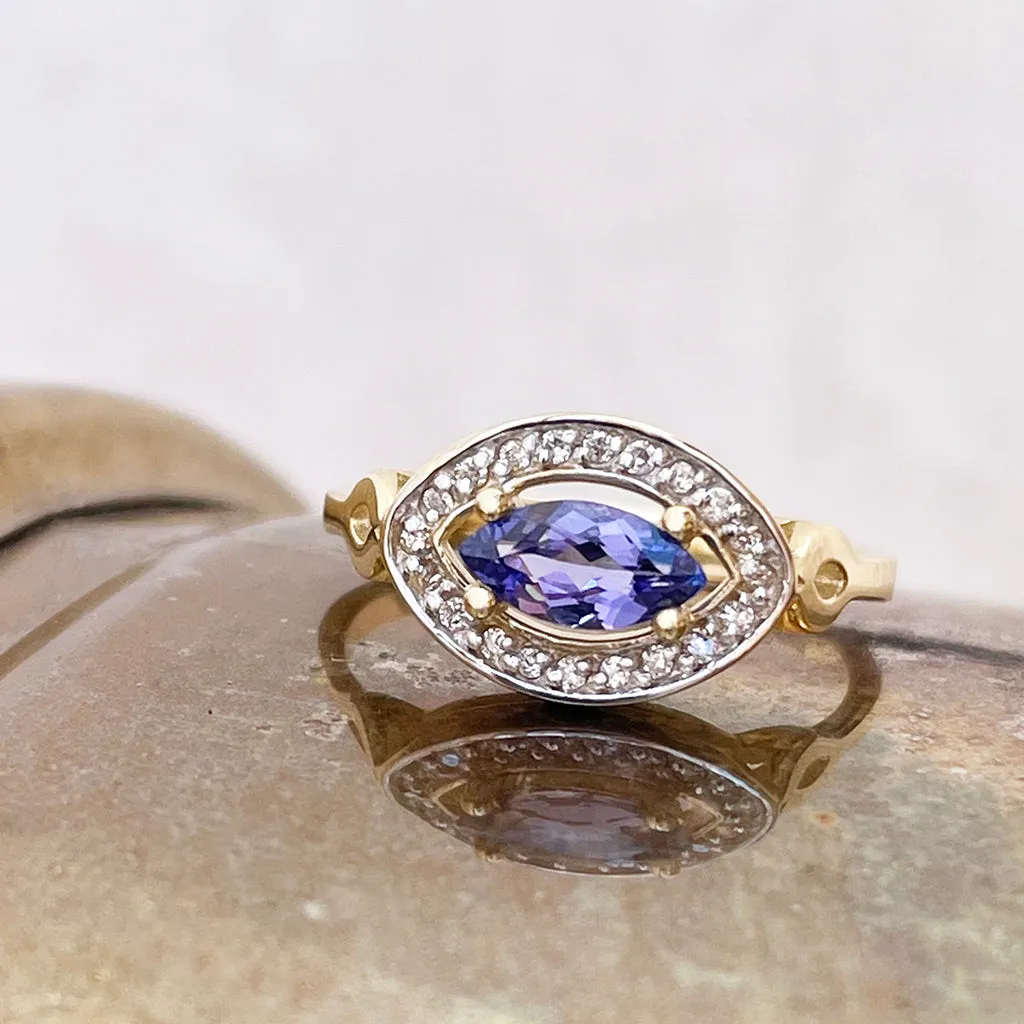 Opulent Marquise Tanzanite and Diamond Halo Yellow Gold Ring