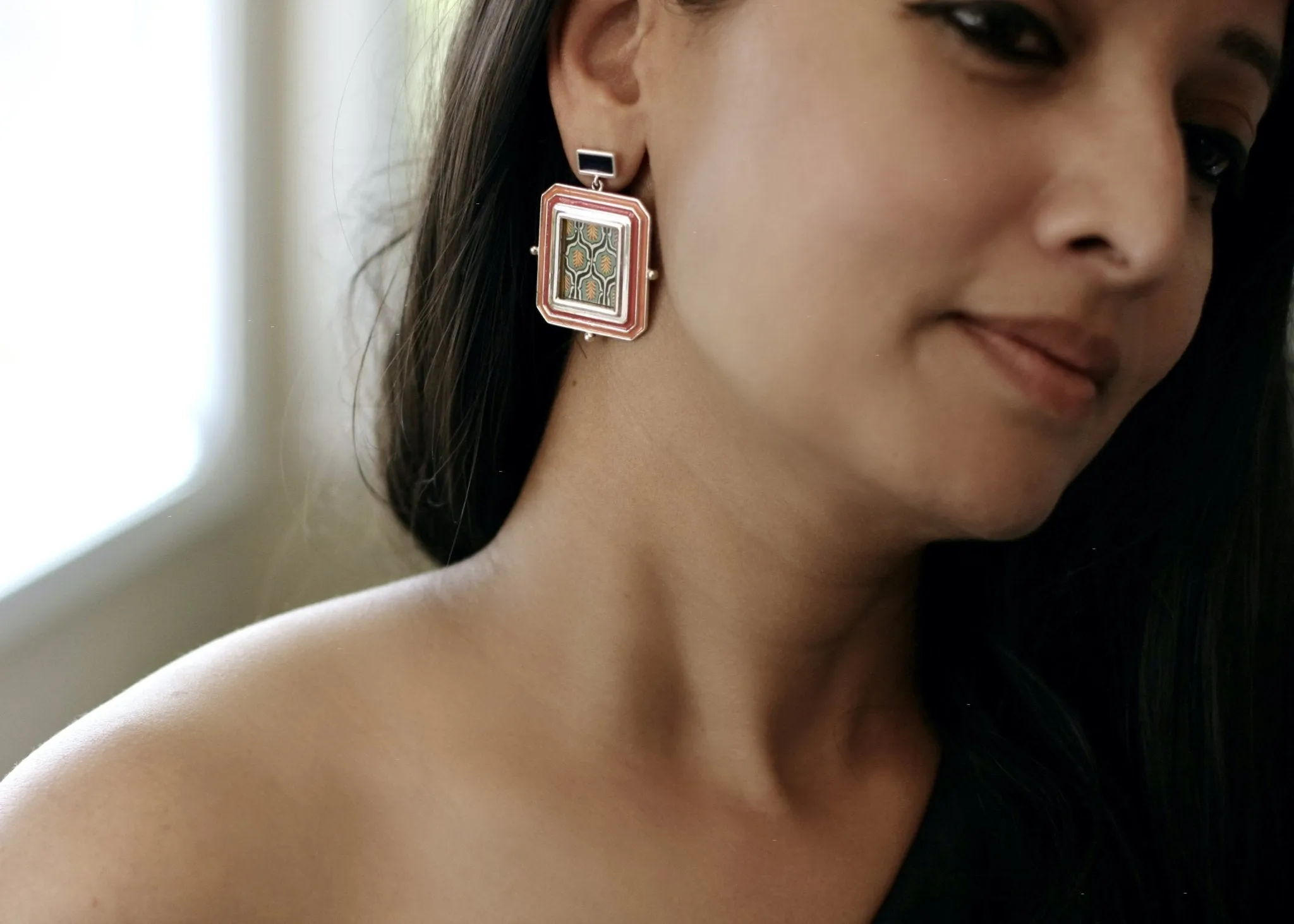 Opulent, 'qaleen' (carpet) miniature painting rectangular earrings