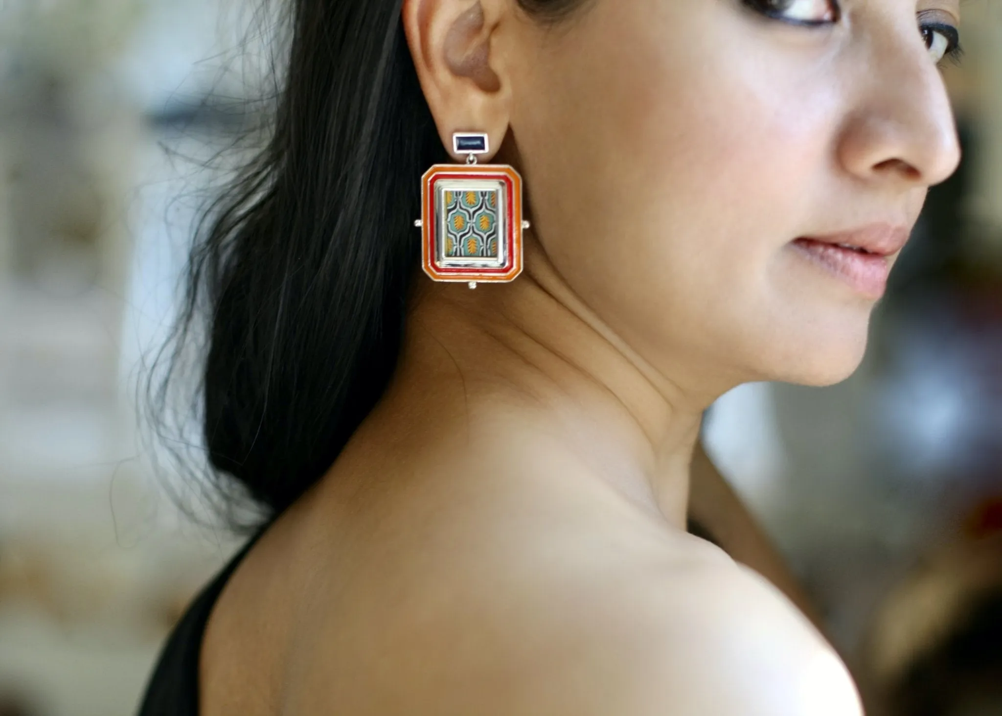 Opulent, 'qaleen' (carpet) miniature painting rectangular earrings