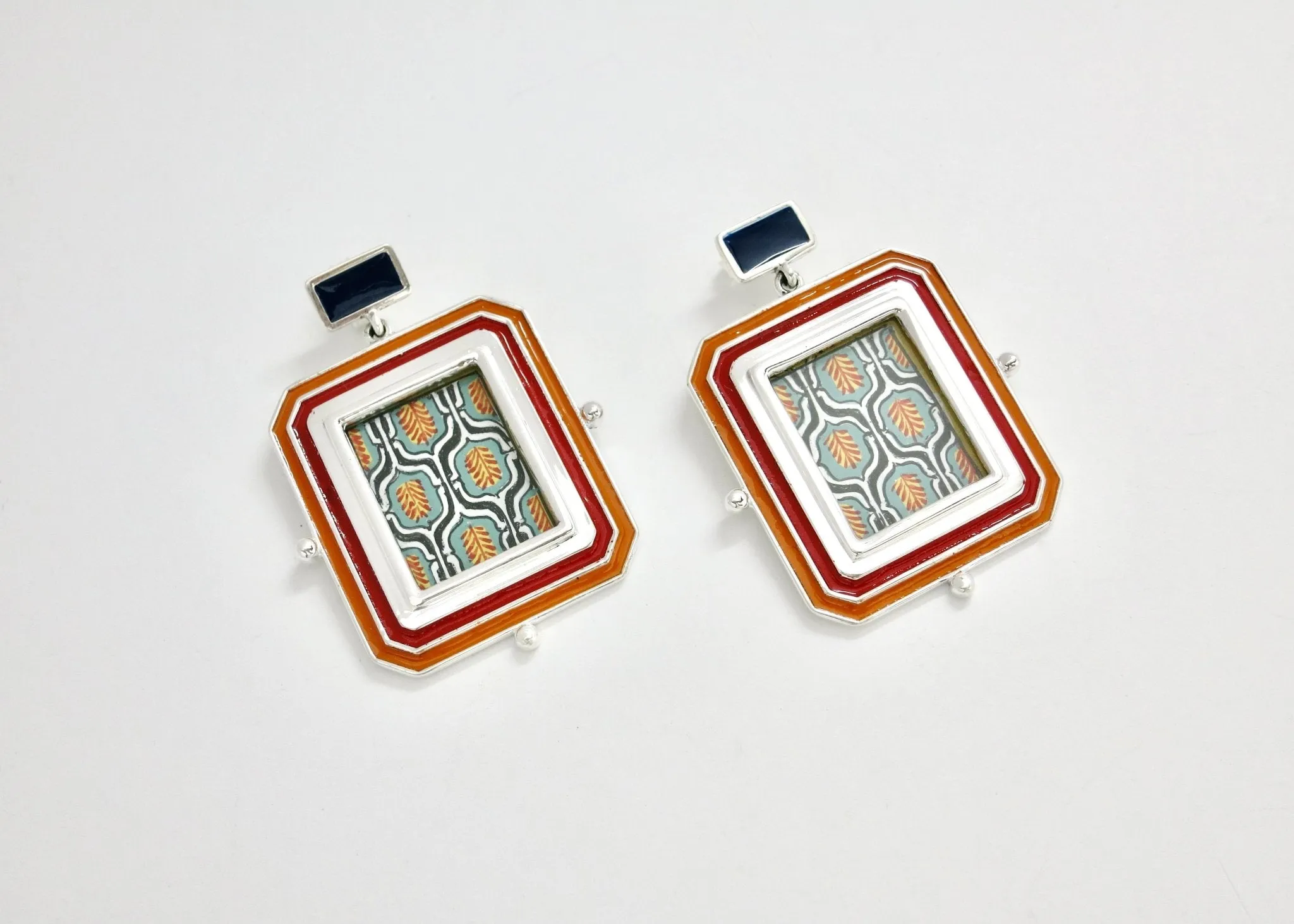 Opulent, 'qaleen' (carpet) miniature painting rectangular earrings