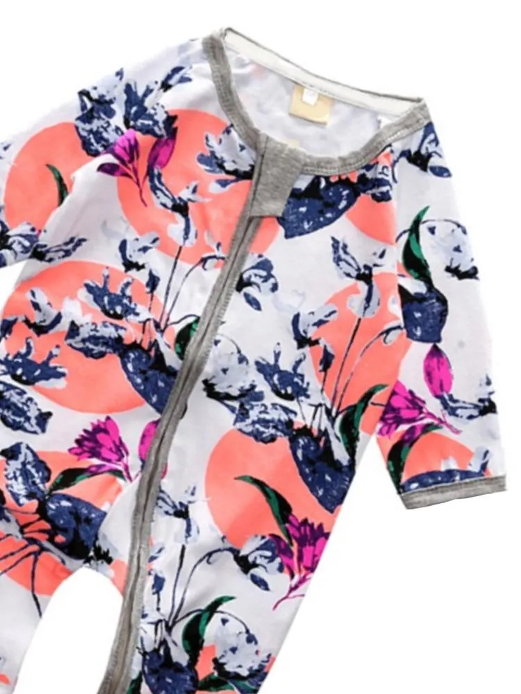 Oriental Flowers - White & Grey Baby Zip Sleepsuit with Turnover Hand & Feet Cuffs