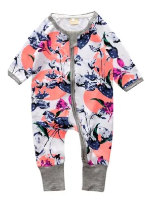 Oriental Flowers - White & Grey Baby Zip Sleepsuit with Turnover Hand & Feet Cuffs