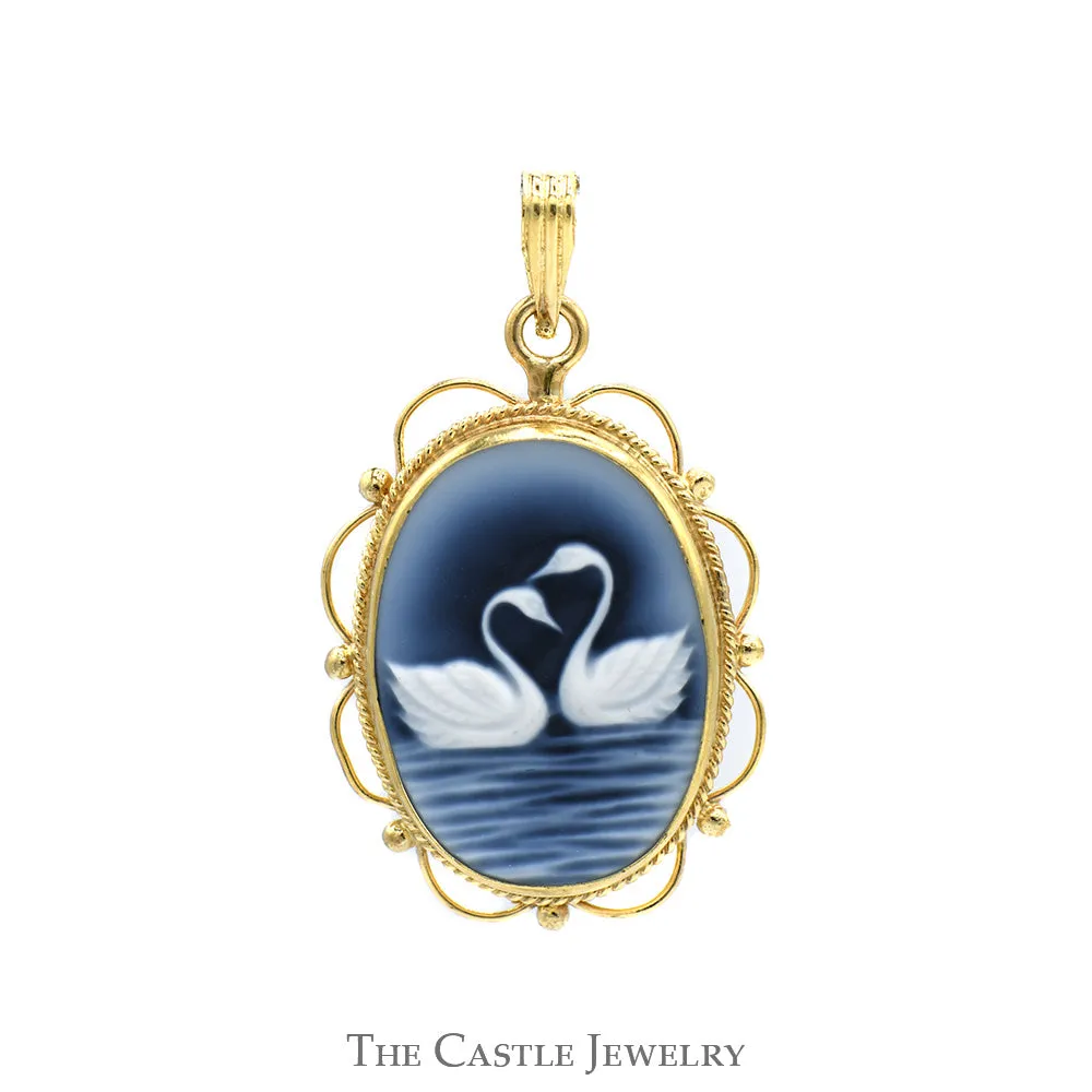 Oval Blue Agate Swan Pendant in 14k Yellow Gold Filigree Bezel