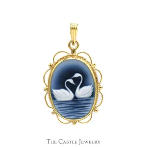 Oval Blue Agate Swan Pendant in 14k Yellow Gold Filigree Bezel