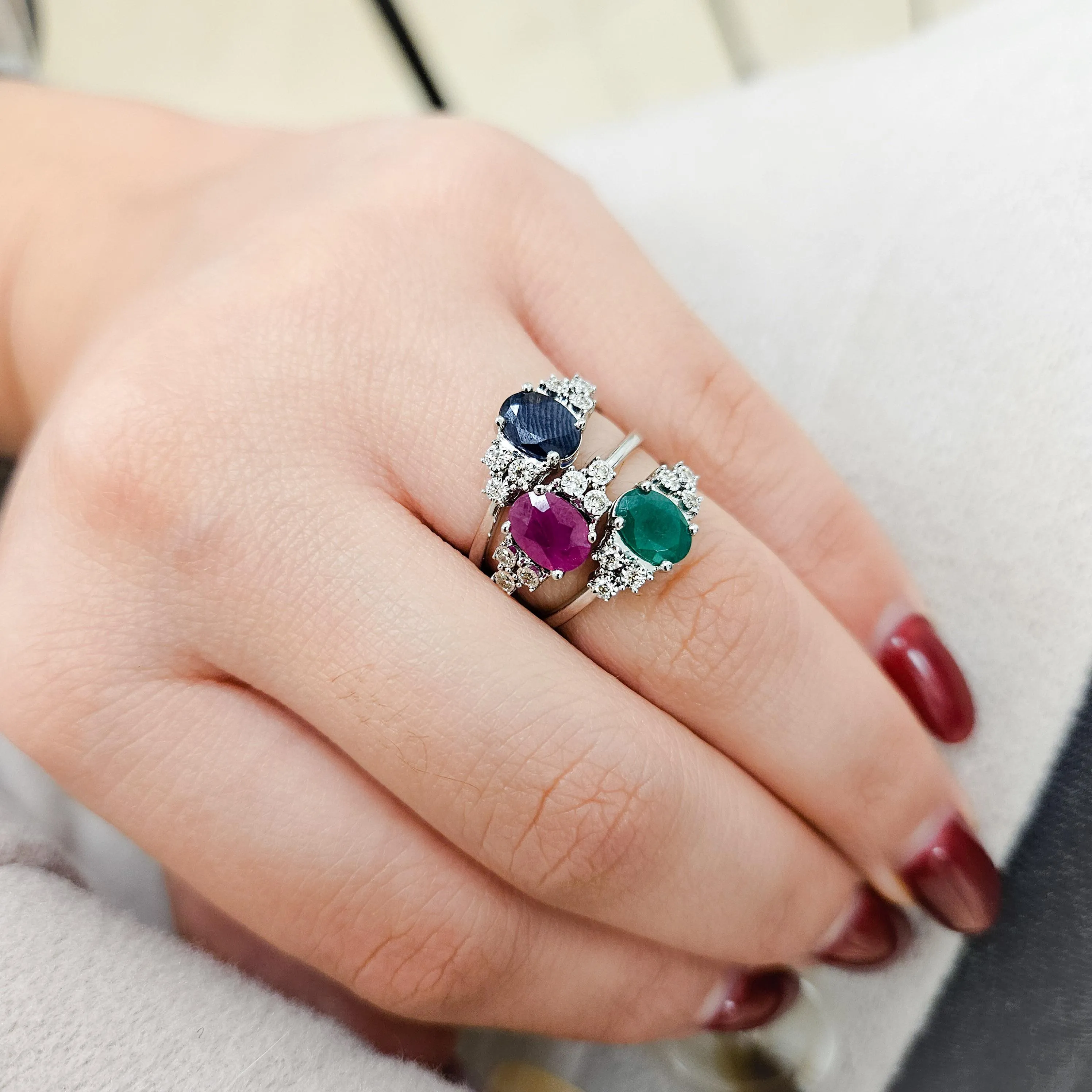 Oval Color Stone with Diamond  Illusions Ring