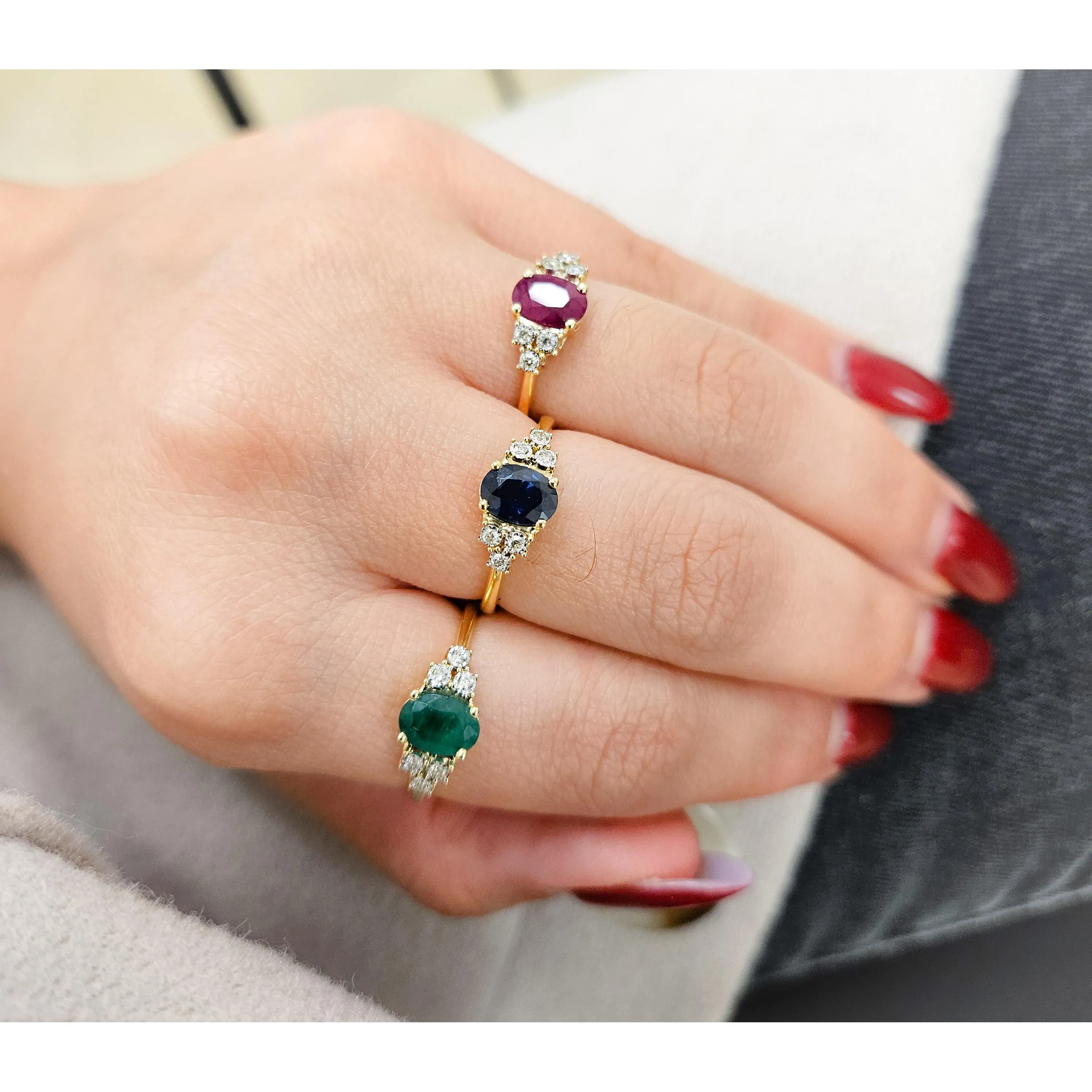 Oval Color Stone with Diamond  Illusions Ring