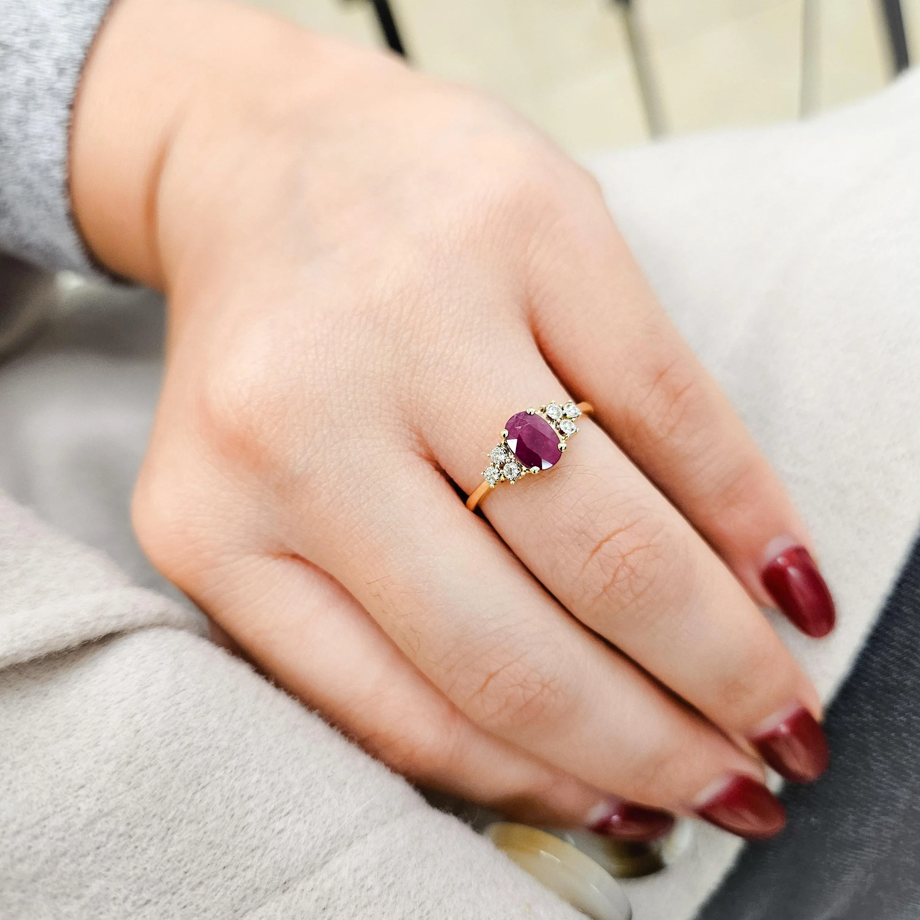 Oval Color Stone with Diamond  Illusions Ring