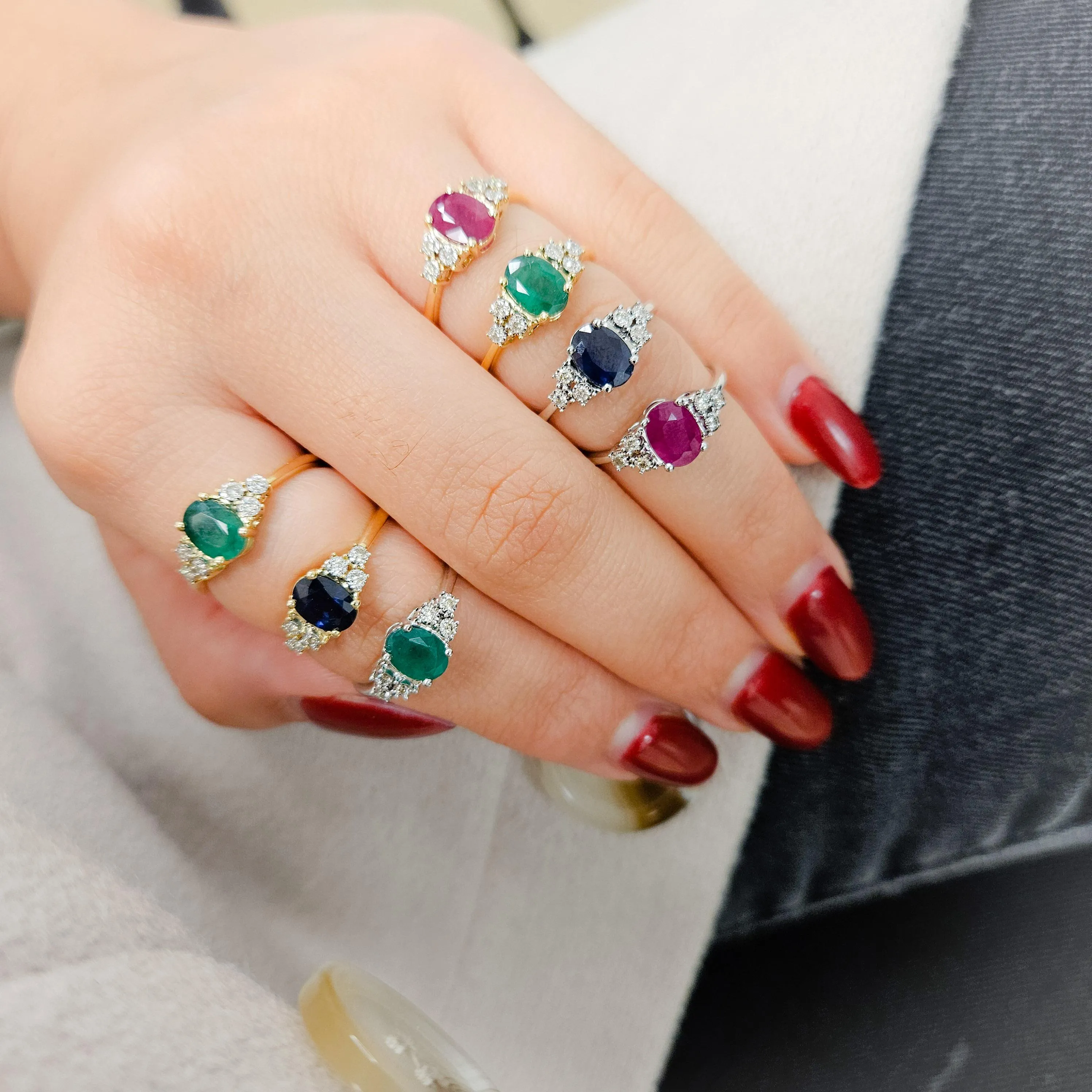 Oval Color Stone with Diamond  Illusions Ring