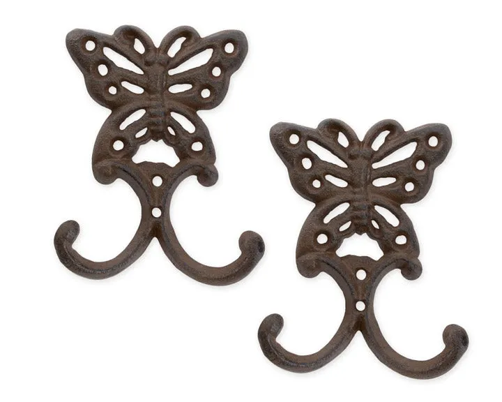 Pair of cast iron butterfly wall hanging hooks