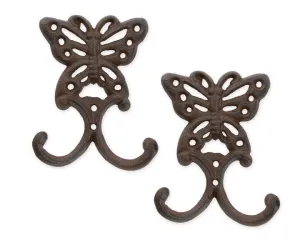 Pair of cast iron butterfly wall hanging hooks