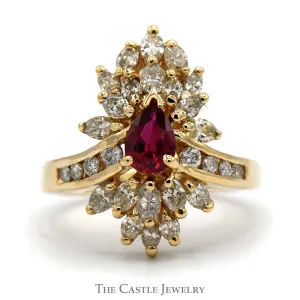 Pear Cut Ruby Ring with 2cttw Diamond Cluster and Accents in 14k Yellow Gold