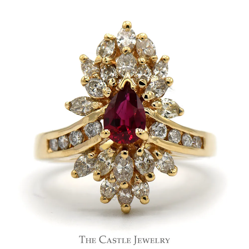 Pear Cut Ruby Ring with 2cttw Diamond Cluster and Accents in 14k Yellow Gold