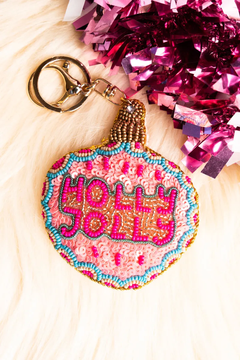 Pink Holly Jolly Seed Bead Keychain