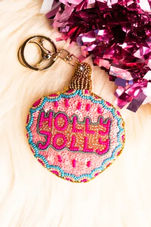 Pink Holly Jolly Seed Bead Keychain