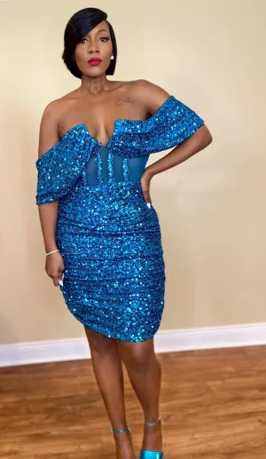 "EXQUISITE" SEQUIN CORSET DRESS (TEAL BLUE)
