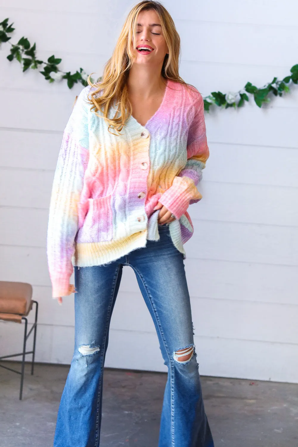 Rainbow Multi Ombre Cable Patterned Cardigan