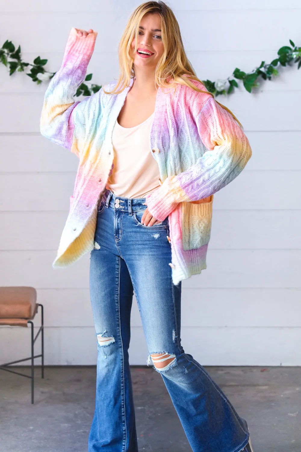 Rainbow Multi Ombre Cable Patterned Cardigan