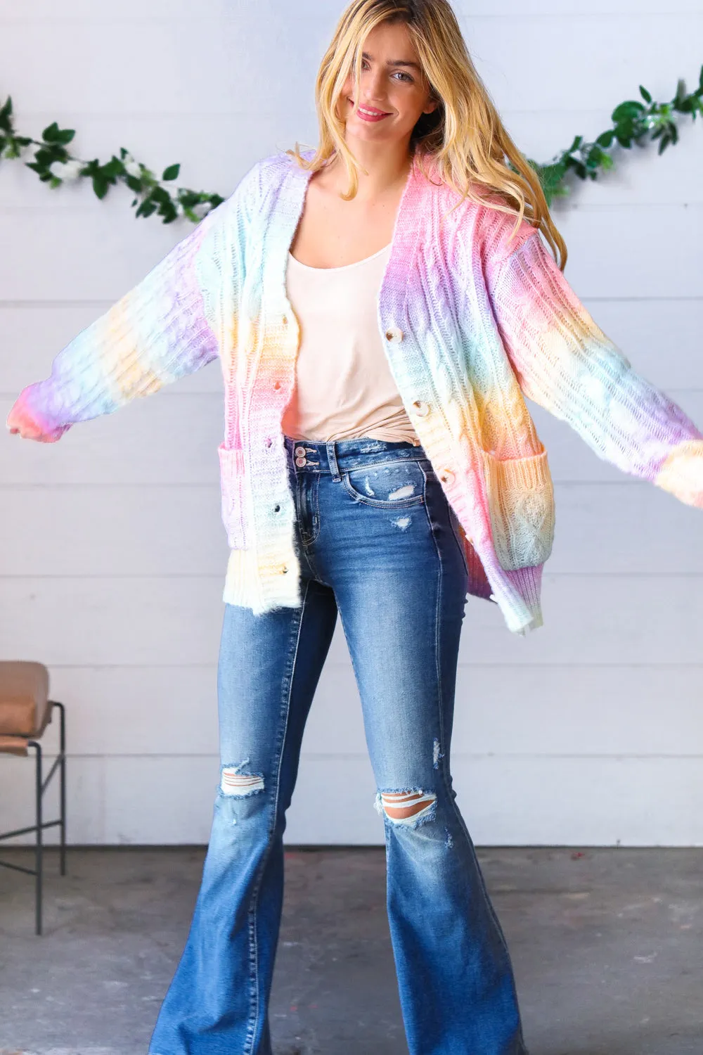 Rainbow Multi Ombre Cable Patterned Cardigan