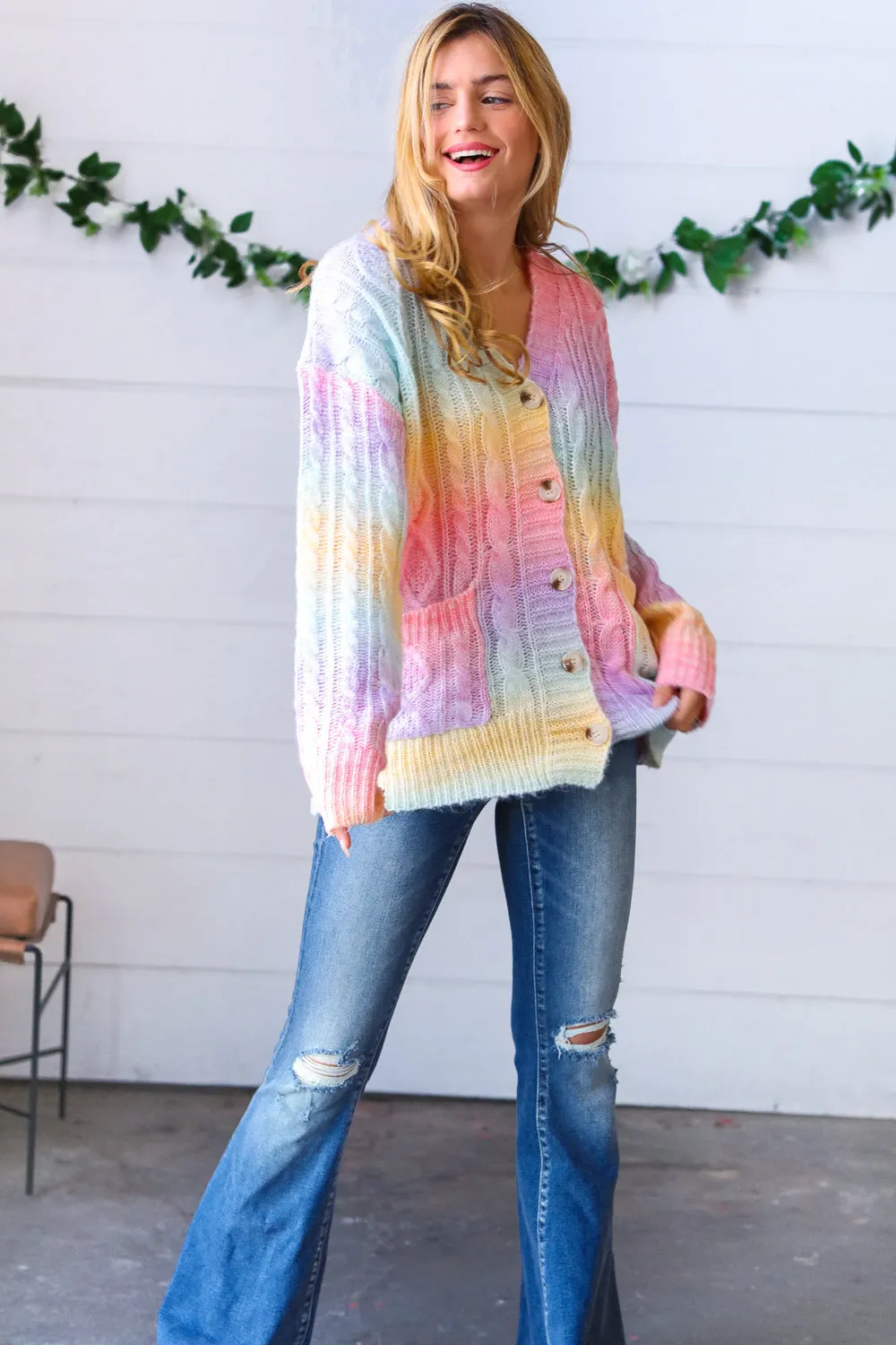 Rainbow Multi Ombre Cable Patterned Cardigan