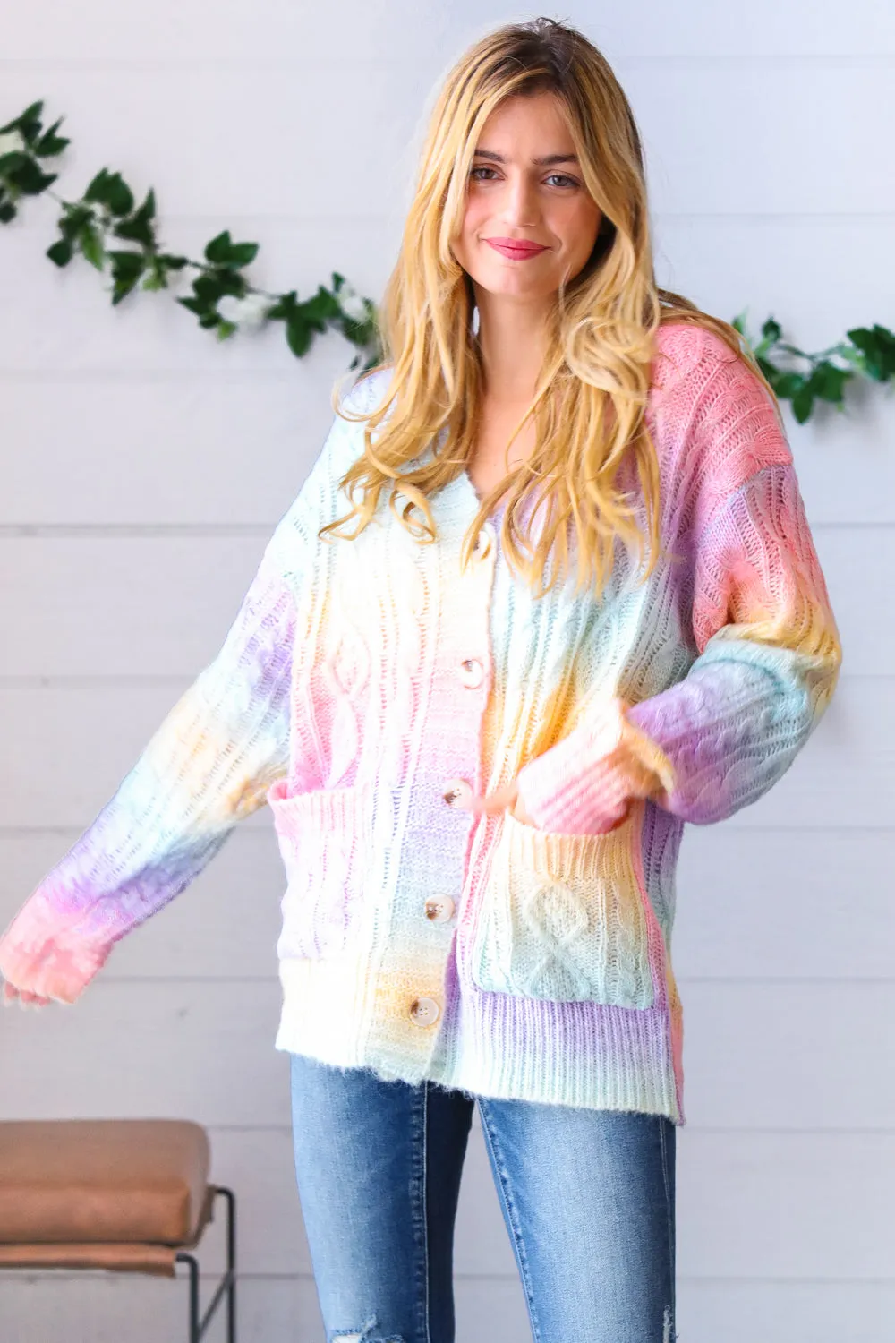 Rainbow Multi Ombre Cable Patterned Cardigan