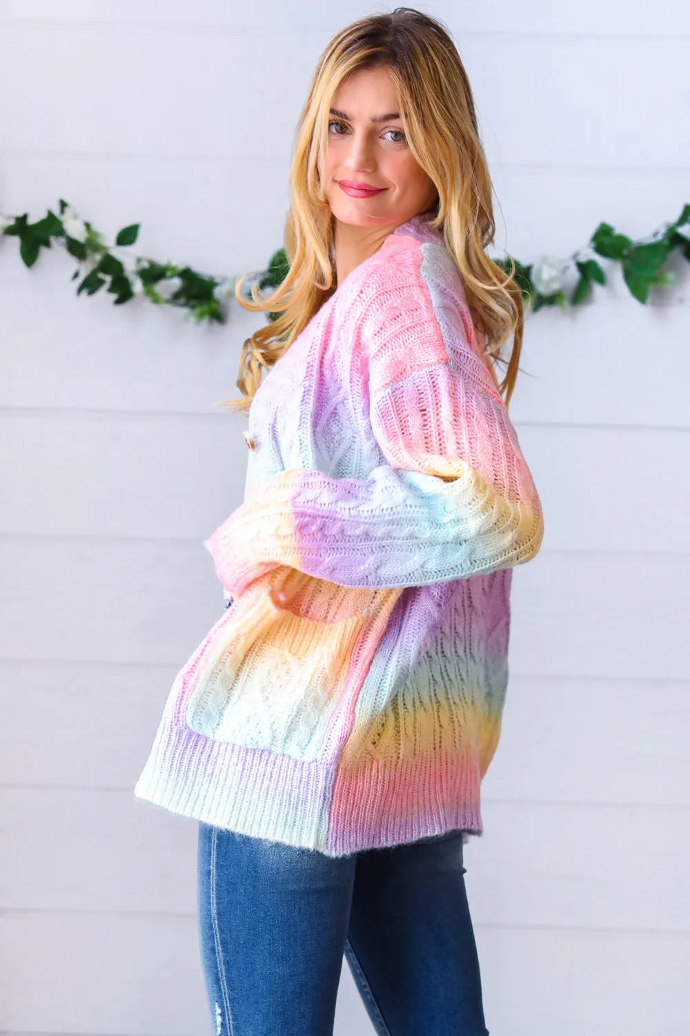 Rainbow Multi Ombre Cable Patterned Cardigan