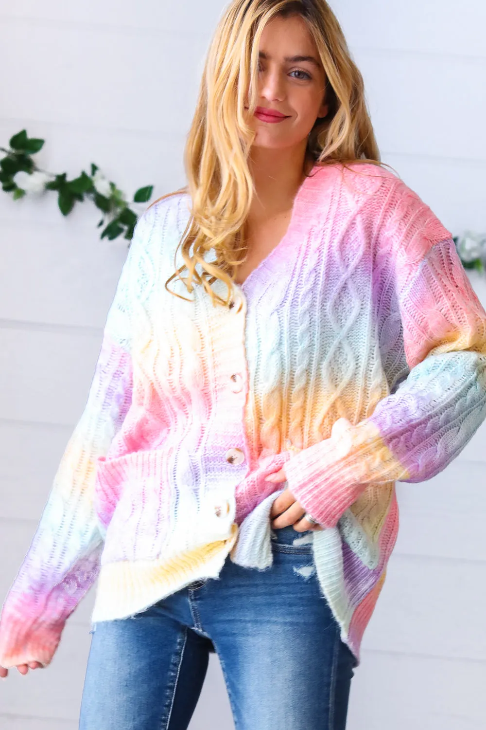 Rainbow Multi Ombre Cable Patterned Cardigan