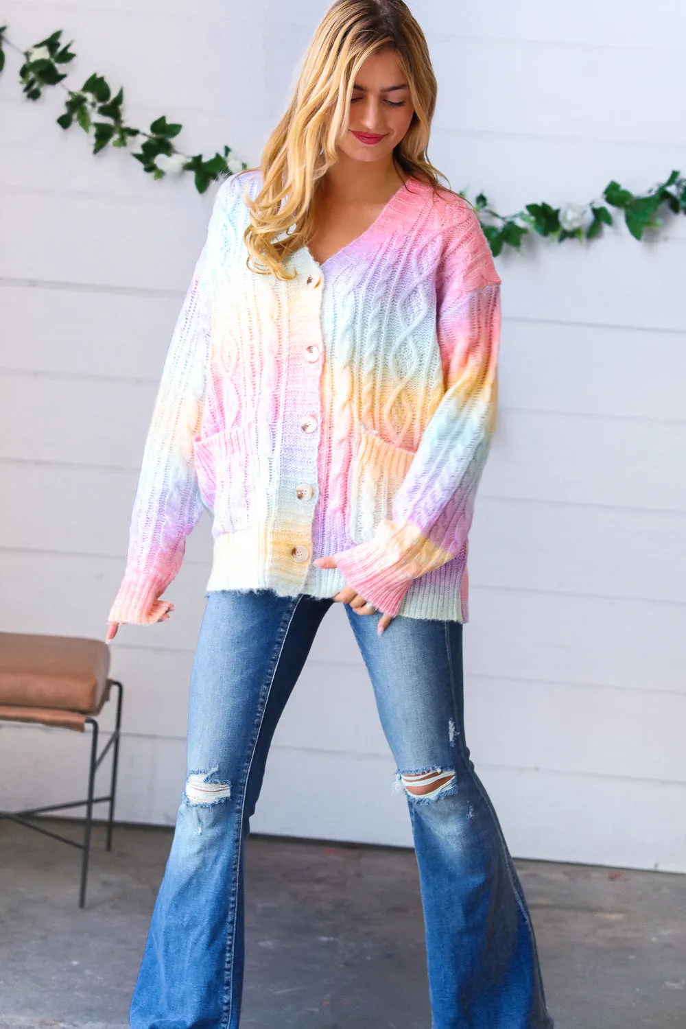 Rainbow Multi Ombre Cable Patterned Cardigan