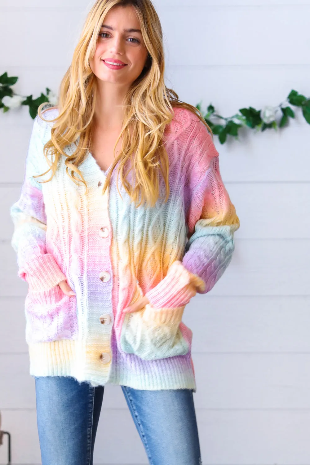 Rainbow Multi Ombre Cable Patterned Cardigan