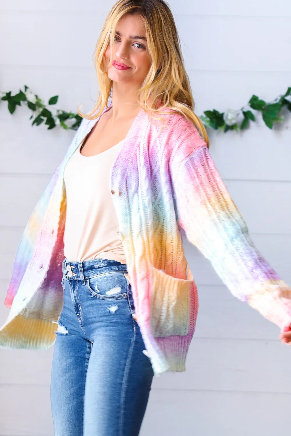 Rainbow Multi Ombre Cable Patterned Cardigan