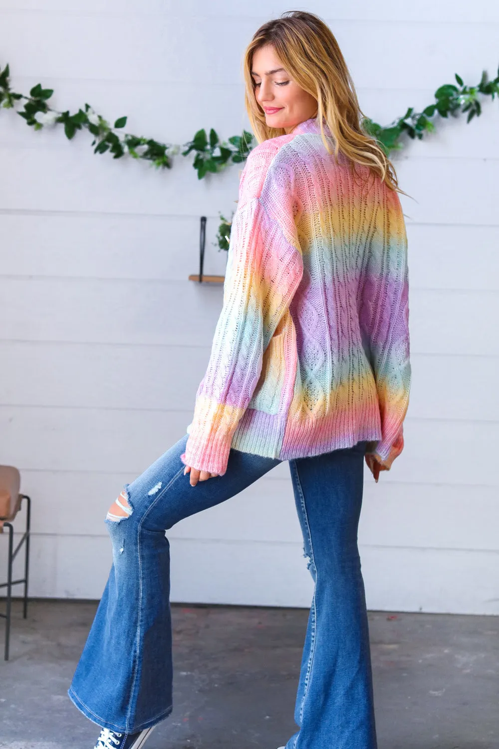 Rainbow Multi Ombre Cable Patterned Cardigan