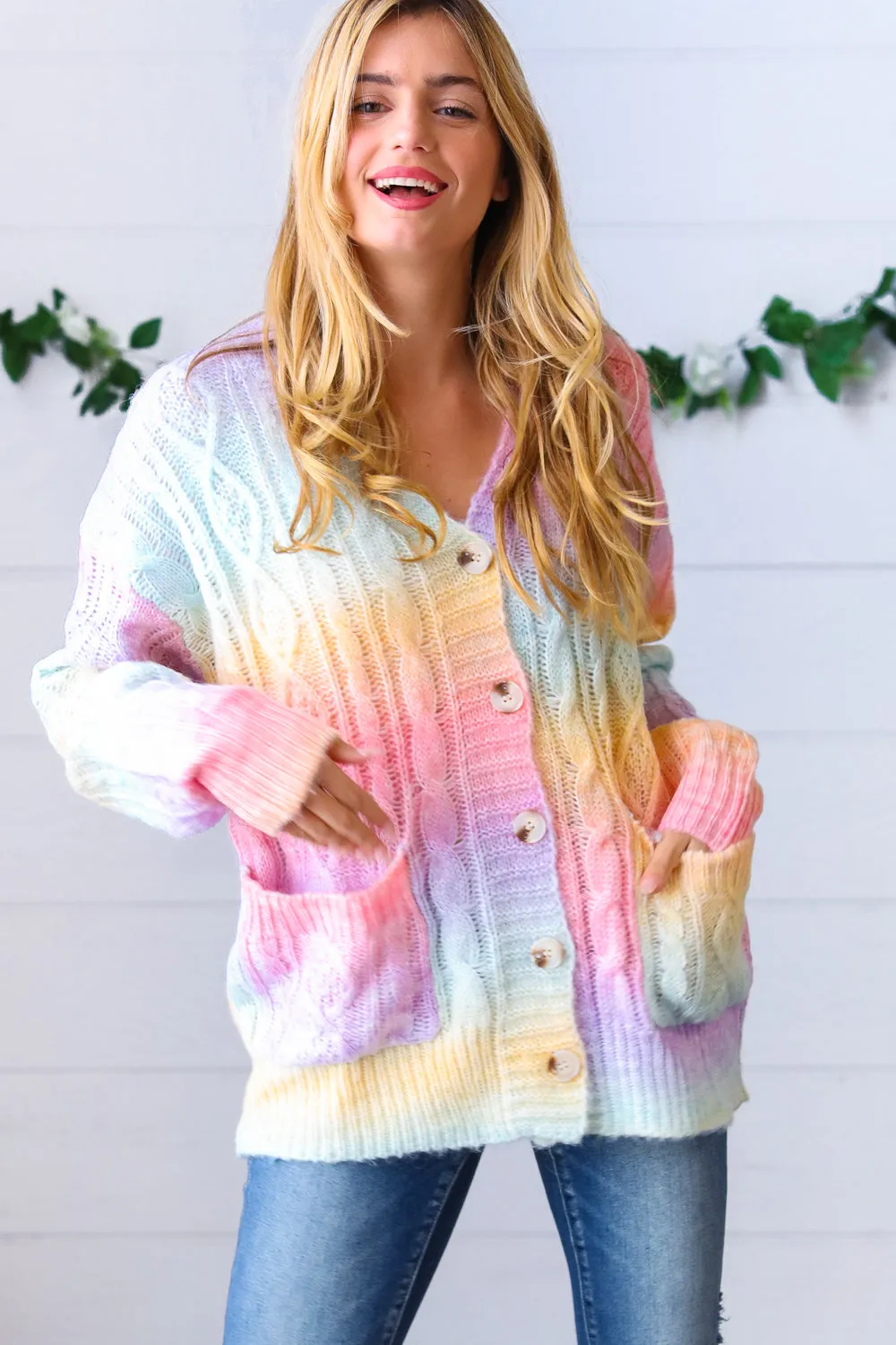 Rainbow Multi Ombre Cable Patterned Cardigan