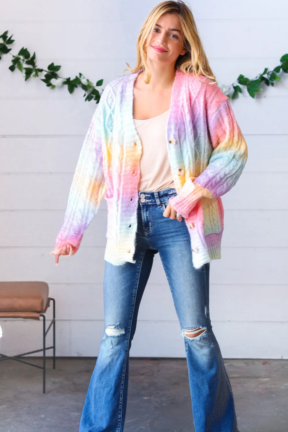 Rainbow Multi Ombre Cable Patterned Cardigan