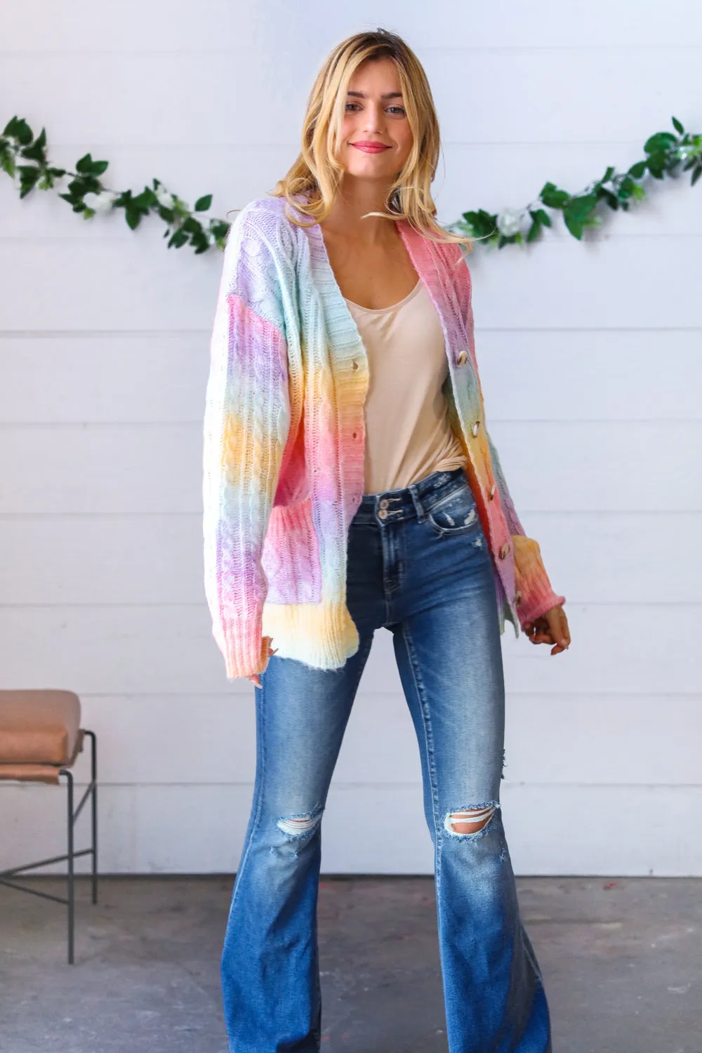 Rainbow Multi Ombre Cable Patterned Cardigan